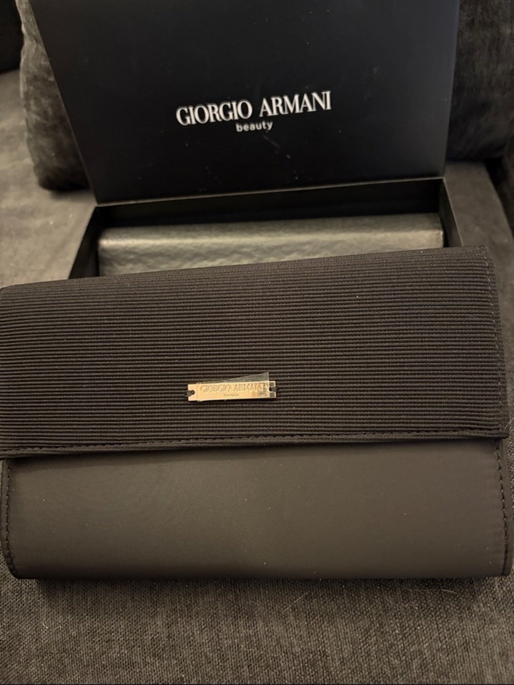 Giorgio Armani Black Textured Flap Clutch with Gold Plate
